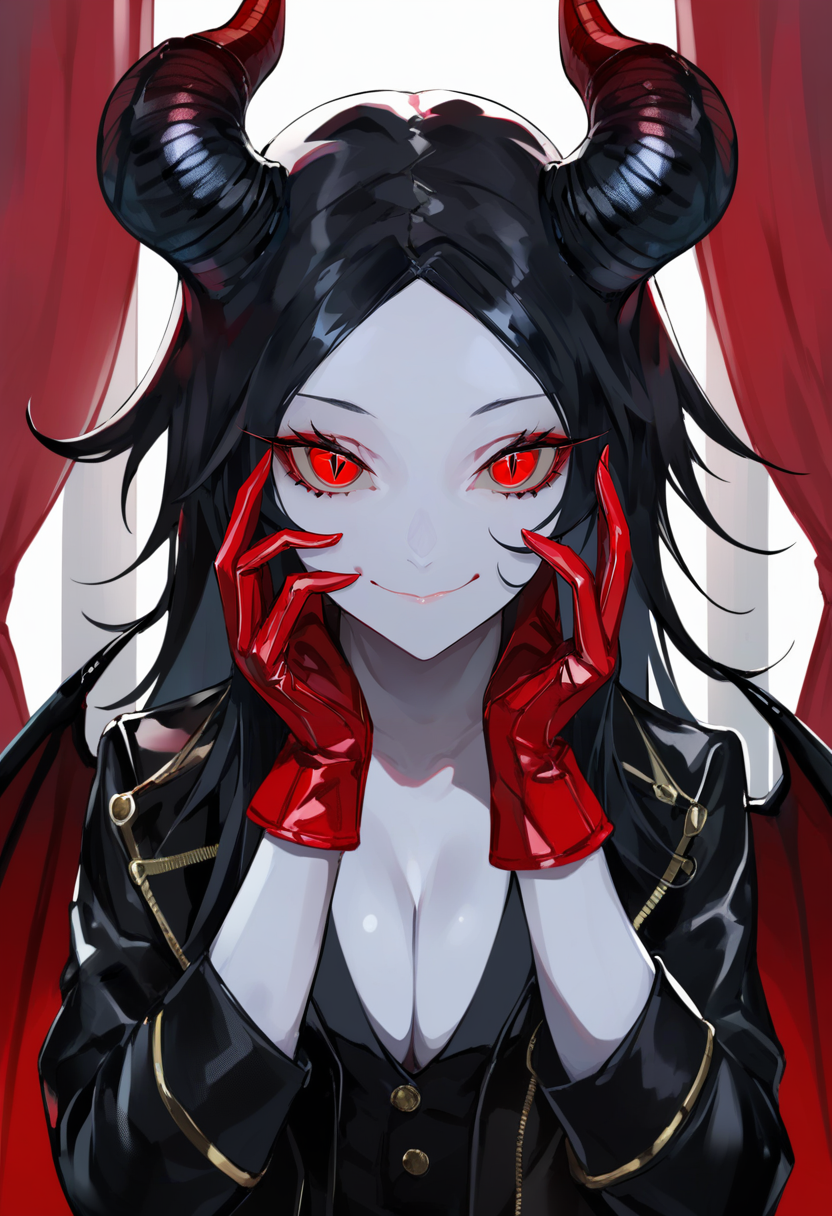 score_9, score_8_up, score_7_up, score_6_up, <lora:LAMXL_Js2_lokr_V4302:0.95> 1girl, horns, red eyes, wings, solo, black hair, cleavage, looking at viewer, breasts, demon girl, demon horns, demon wings, gloves, upper body, hands up, colored skin, closed mouth, long sleeves, red gloves, smile, jacket, red background, black jacket, straight-on, red theme, curtains, slit pupils, parted bangs, sitting, long hair, red wings, curled horns