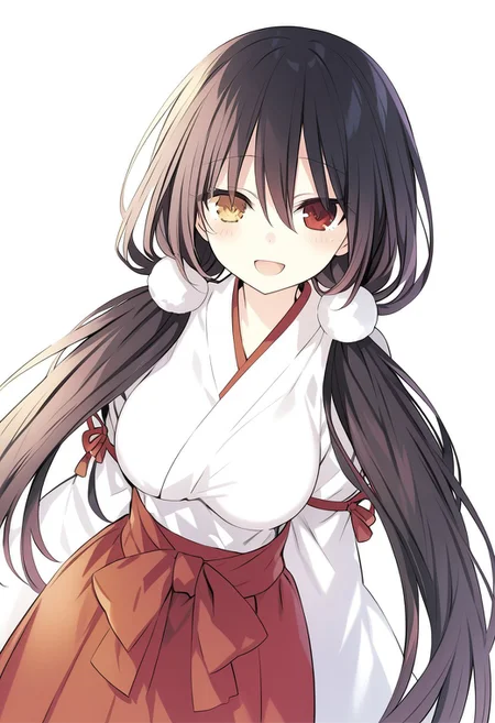 8k, highres,novel illustration,best quality, masterpiece, highly detailed,1girl,solo,date a live,tsunako,tokisaki kurumi,long hair,black hair,twintails,low twintails, heterochromia,clock eyes,symbol-shaped pupils,yellow left eye, red right eye, breasts,medium breasts, floating_hair, 
jyojifuku, miko, red hakama,
smile, open mouth, standing,  looking at viewer, outdoors, (high angle:1.5)