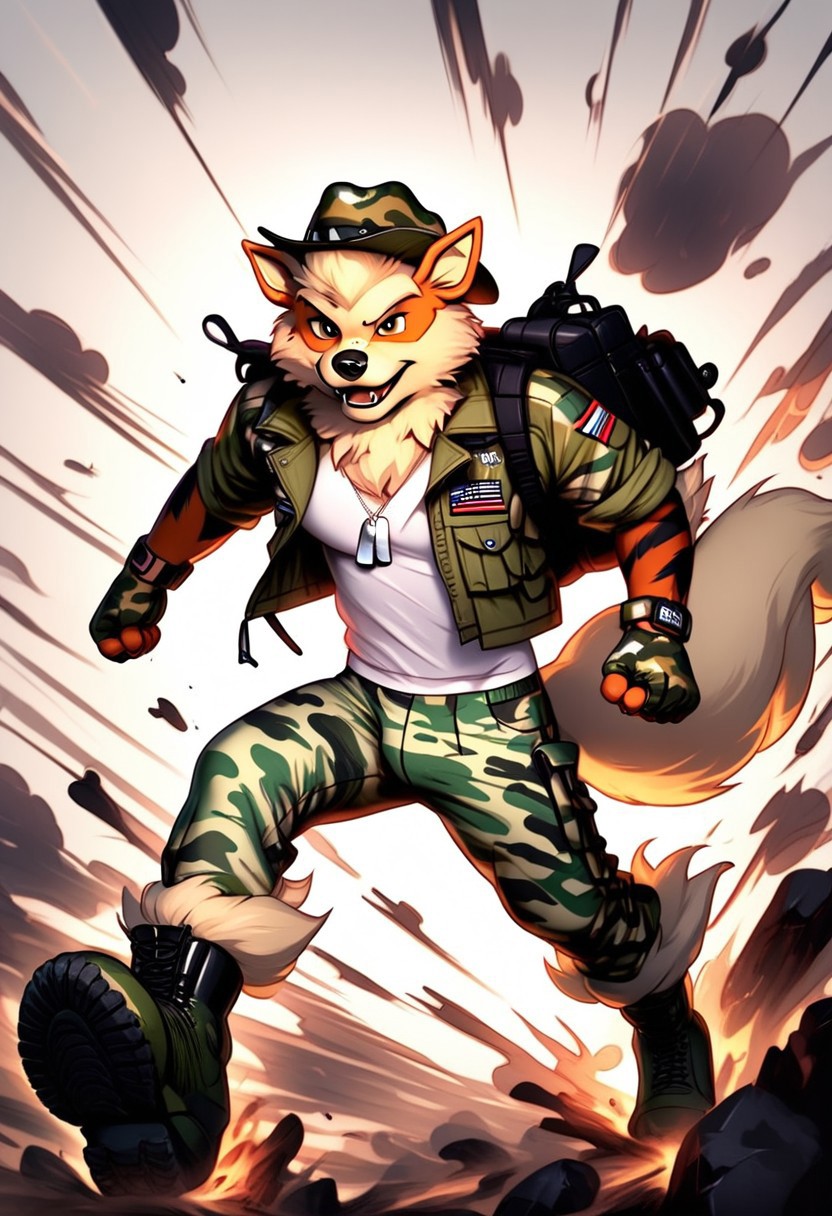 Solo, hyper realistic, photorealistic, highly detailed, anime, Male character, Freckle spots on face, furry, anthro, not human, Relaxed, Satisfied, Lonely, wearing camouflage style boxers under camouflage style pants, wearing a cowboy hat, wearing a puffy camouflage style jacket, wearing a camouflage style backpack, wearing high tech camouflage style gloves, long camouflage style shirt under jacket, wearing dog tag necklace, wearing camouflage heavy duty boots, FurryDalle, cartoon, toony, arcanine action scene, fight scene
