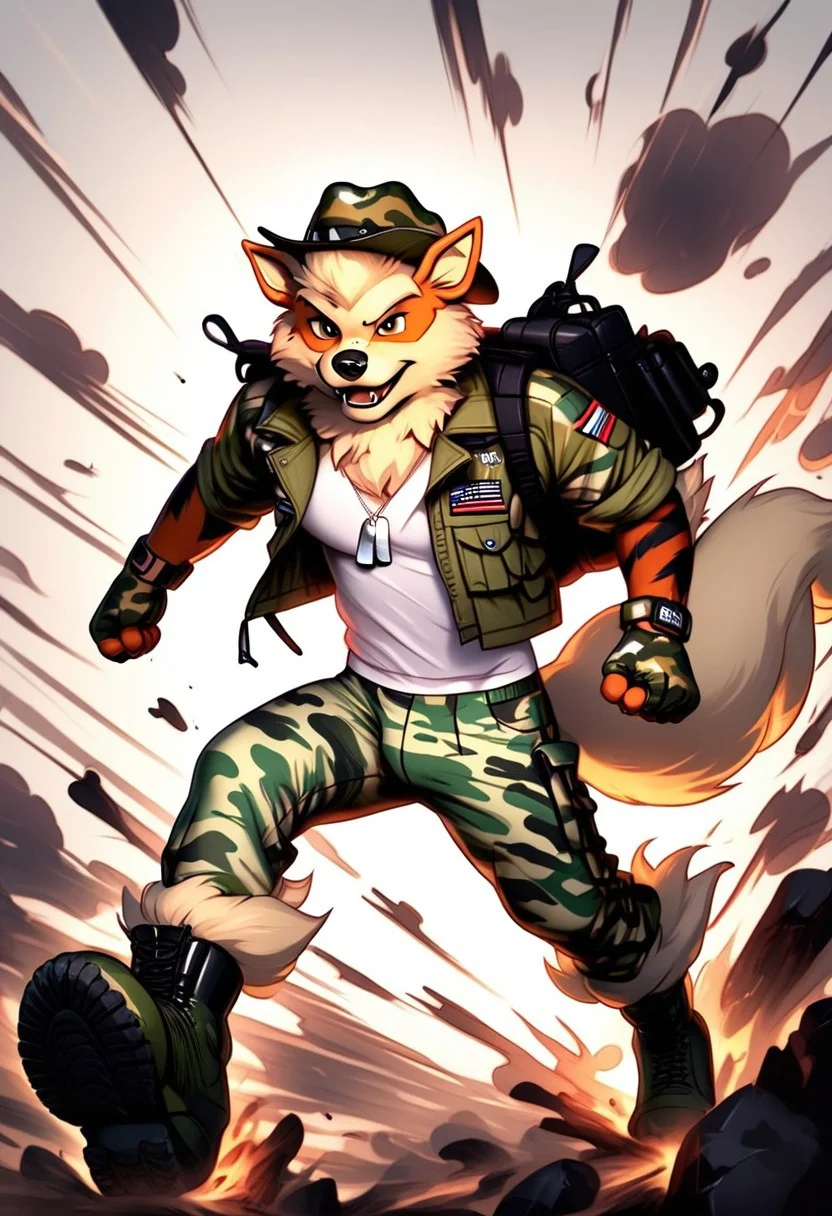 Solo, hyper realistic, photorealistic, highly detailed, anime, Male character, Freckle spots on face, furry, anthro, not human, Relaxed, Satisfied, Lonely, wearing camouflage style boxers under camouflage style pants, wearing a cowboy hat, wearing a puffy camouflage style jacket, wearing a camouflage style backpack, wearing high tech camouflage style gloves, long camouflage style shirt under jacket, wearing dog tag necklace, wearing camouflage heavy duty boots, FurryDalle, cartoon, toony, arcanine action scene, fight scene