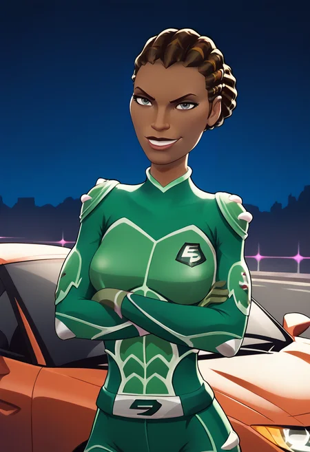 score_9, score_8_up, score_7_up,score_6_up, source_realistic, city, night time, against car, sport car, lamborghini ,
BREAK
agura ibaden, dark skin, green bodysuit, medium breasts, toned, dreadlocks, hair_bun,  narrow waist, grey eyes,crossed arms, smirk,  <lora:agura:1> <lora:Smooth Anime 2 Style SDXL_LoRA_Pony Diffusion V6 XL:1>
