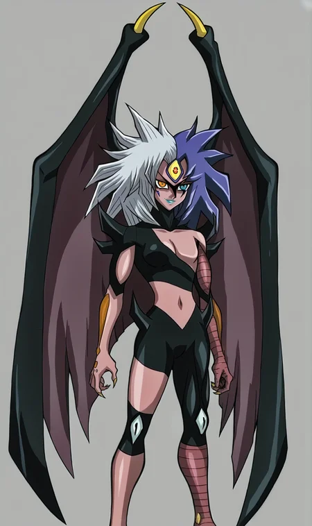 Yubel, solo, demon body, facial markings, heterochromia, split-color hair, third eye, heterochromia, lipstick, short hair, messy hair, smile, looking at viewer, standing, demon wings, grey background, <lora:Yubel Pony XL:1>