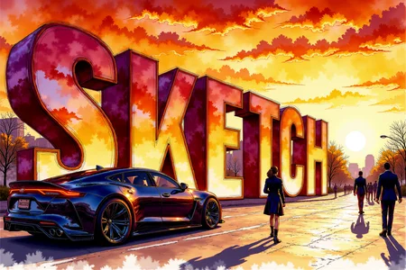 <lora:Vibrant_watercolor_v.21:0.99> A digital watercolor sketch featuring an urban scene. (The clearly visible towering reflective text ("SKETCH") are rendered with intricate, detailed reflections that catch the orange and red hues of the fiery sunset, each panel edge emphasizing the surreal quality of the installation). The sky is filled with intricate dramatic clouds swirling in vivid shades of gold and crimson, amplifying the intensity of the sunset. The street is depicted with sharp, angular shadows stretching across the pavement, while the stylish stance car and lonely sophisticated pedestrians are outlined with bold, defined lines that highlight their movement and interaction with the environment. Each character is illustrated with expressive features, wrapped in the dramatic lighting of the scene, giving them a sense of urgency and purpose as they walk under the oversized, reflective letters.