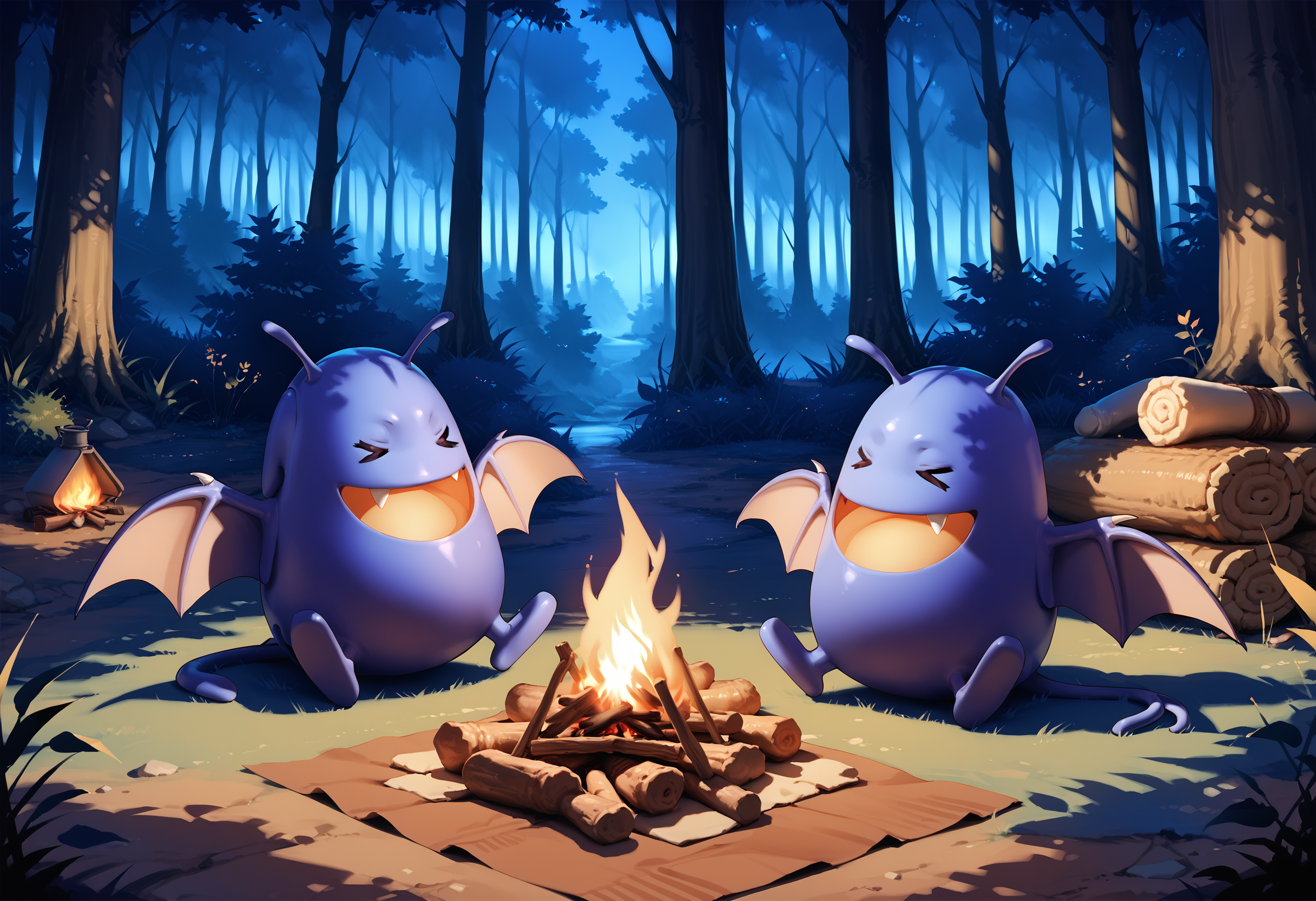 zPDXL3,full_body,forest,<lora:Pony_DetailV2.0:1>,night,2others,
BREAK dracky,no humans,:D,fang,black eyes,bat wings,open mouth,<lora:dracky-v2-pony:1>,happy,campfire,closed eyes,zzz,sleeping,