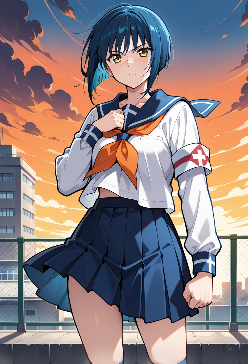 masterpiece, best quality, high quality, anime, solo, <lora:AETOKIKOILLX:0.9> serious, cowboy shot, hand on own chest, orange sky, rooftop, clenched hand,
AETokikoDef, yellow eyes, blue hair, bobcut, short hair, scar on nose,
School uniform, serafuku, orange neckerchief, armband, long sleeves, blue skirt, pleated skirt, blue socks, kneehighs, White footwear,