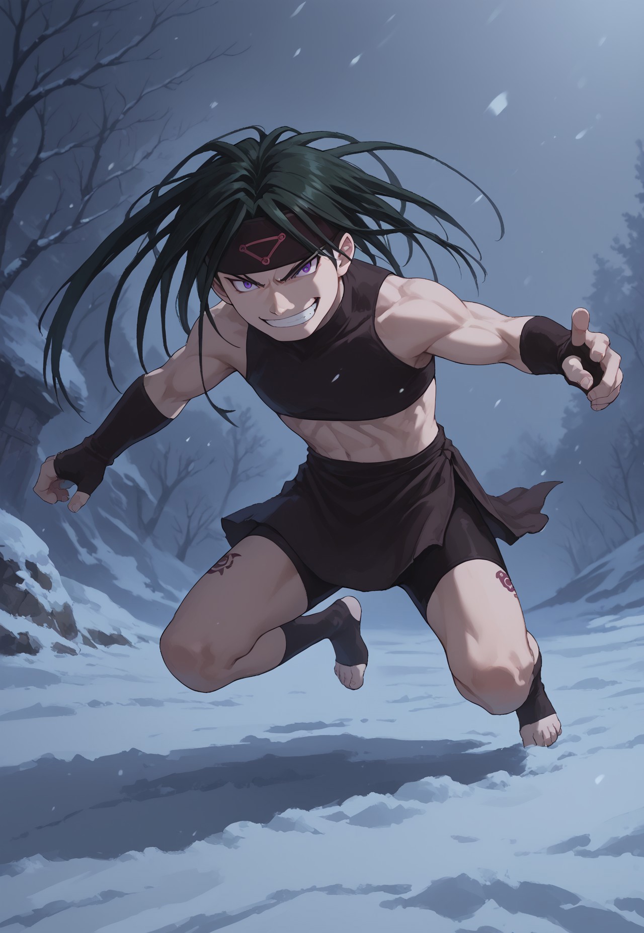 safe_pos, score_9, score_8_up, score_7_up, masterpiece, best quality, FMAB_Envy, 1boy, solo, long hair, dark green hair, black hair, purple eyes, slit pupils, headband, crop top, bare shoulders, midriff, gloves, fingerless gloves, skirt, side slit, bike shorts under skirt, bike shorts, toeless legwear, leg tattoo, tundra, snow, perspective, evil grin, full body, fighting stance
