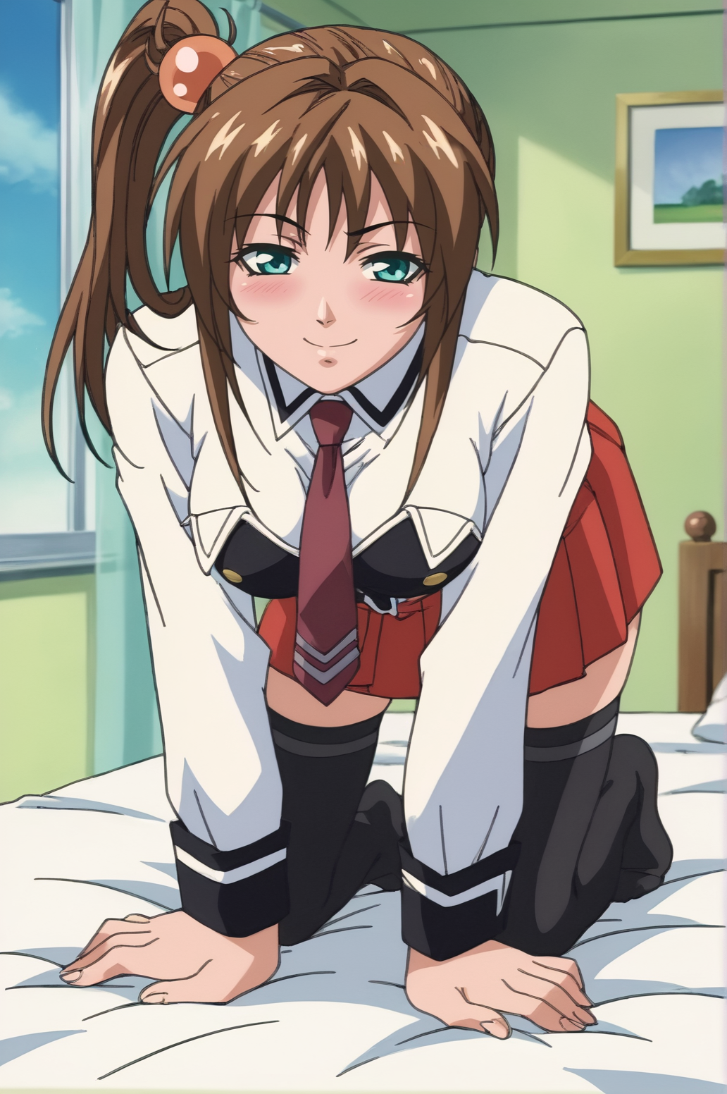 score_9, score_8_up, score_7_up,anime_source, source_anime, best background, detailed background, anime screencap,  Imari, 1girl, necktie, school uniform, red skirt, black thighhighs, solo, seductive body, horny, naughty face, blush, doggystyle, indoors, bed, <lora:JN_Imari_Kurumi:0.8>