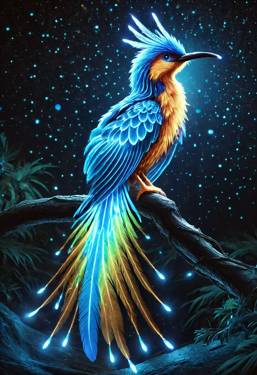 masterpiece, best quality, high resolution, absurdres, ultra-detailed, intricate details, ultra detailed, 8k, highly detailed, very aesthetic, professional 4k, Canon 5d mark 4, extremely detailed, very_detailed, high_detail, sharp focus, clean lines, perfect anatomy, realistic style,
phoenix illuminated by bioluminescent feathers. glowing feathers, casting a soft, ethereal light.
The overall atmosphere is serene and magical, with a starry night sky visible.
black background,
film grain, cinematic, colorful, moody lighting, natural light, soft light, depth of field, bokeh, light particles, backlight, chiaroscuro, refraction, subsurface scattering