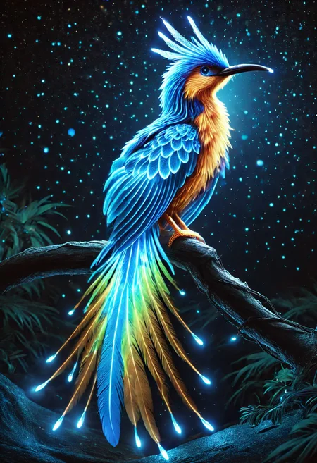 masterpiece, best quality, high resolution, absurdres, ultra-detailed, intricate details, ultra detailed, 8k, highly detailed, very aesthetic, professional 4k, Canon 5d mark 4, extremely detailed, very_detailed, high_detail, sharp focus, clean lines, perfect anatomy, realistic style,  
phoenix illuminated by bioluminescent feathers. glowing feathers, casting a soft, ethereal light. 
The overall atmosphere is serene and magical, with a starry night sky visible.
black background, 
film grain, cinematic, colorful, moody lighting, natural light, soft light, depth of field, bokeh, light particles, backlight, chiaroscuro, refraction, subsurface scattering