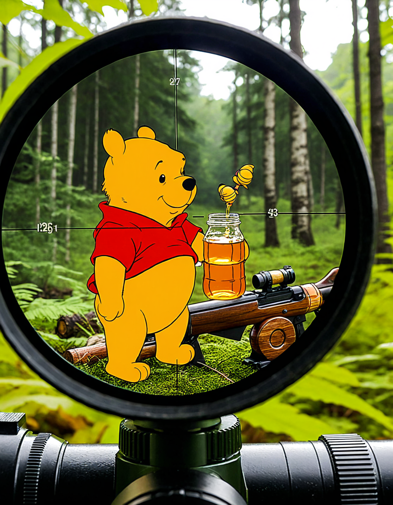 cinematic photo, real, taken on through rifle scope <lora:detailed_notrigger:1>  <lora:add-detail-xl:2>  <lora:perfection style:0.5> perfection style
 <lora:Telescopic sight style:0.75> telescopic, sight, style, realistic winnie the pooh, in the forest, crosshairs on his head, profile view, holding a jar of honey