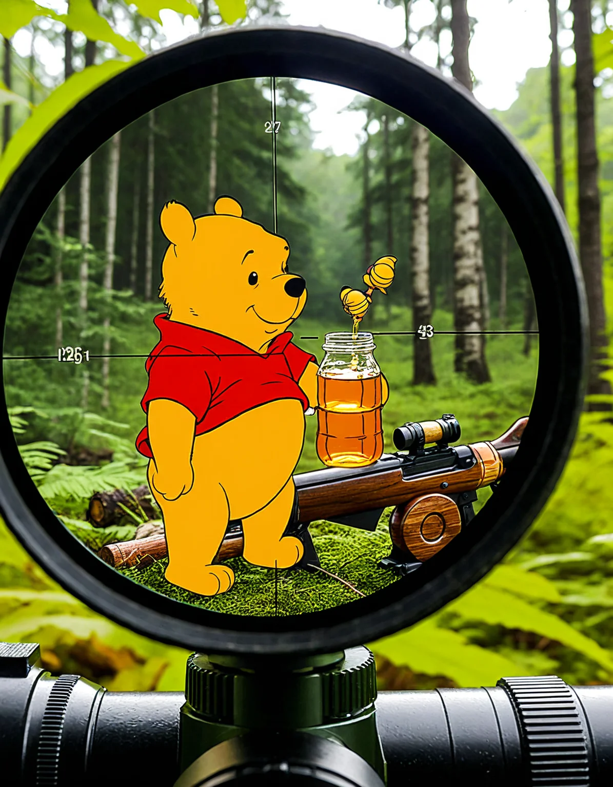 cinematic photo, real, taken on through rifle scope <lora:detailed_notrigger:1> <lora:add-detail-xl:2> <lora:perfection style:0.5> perfection style
<lora:Telescopic sight style:0.75> telescopic, sight, style, realistic winnie the pooh, in the forest, crosshairs on his head, profile view, holding a jar of honey