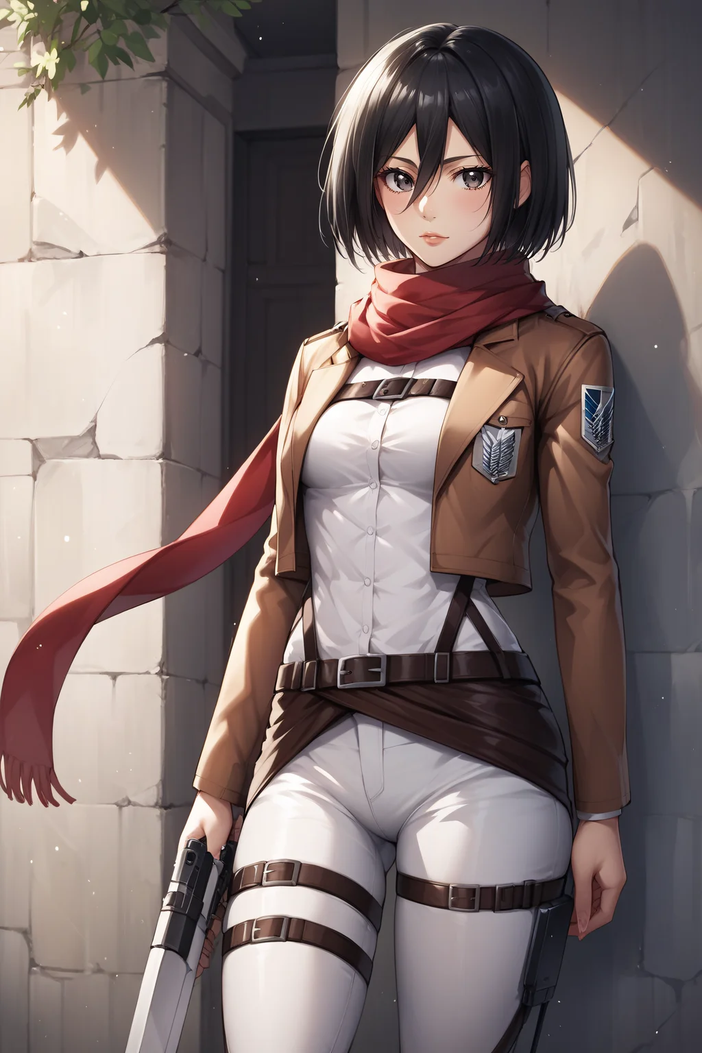 score_9, score_8_up, score_7_up, score_6_up, score_5_up, score_4_up, BREAK source_anime, <lora:mikasa ackerman-PonyXL:0.8> mikasa ackerman, black eyes, black hair, short hair, white shirt, thigh strap, open cropped brown jacket, red scarf, white pants, survey corps \(emblem\), boots, standing,