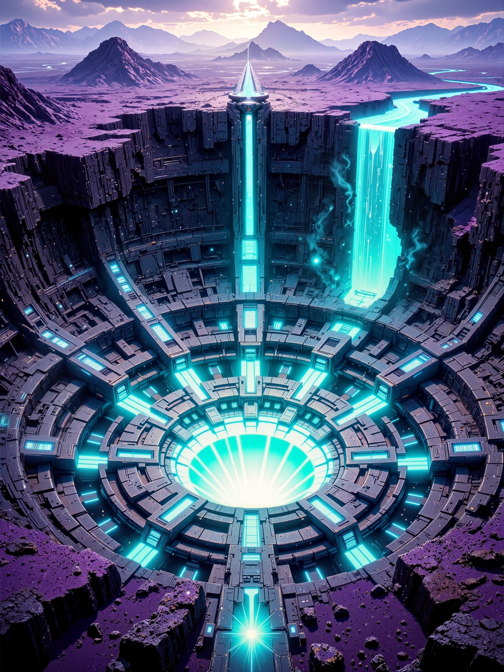 uhd, 8k, 4k, wide shot sci-fi cinematic still in a photographic style with ultra-high aesthetic quality, cool-toned palette with rich shades of plum purple, ultramarine blue, obsidian black, teal green and ivory, a vast, otherworldly landscape featuring an ancient alien crater in the center, the crater is housing a mysterious research facility from a long-lost civilization, on a surreal desert planet with frequent sandstorms, the structureâs heart is a radiant, glowing blue coreâperfectly circularâemitting a cold, pulsing light that radiates outward through luminous pathways and conduits etched into the crater walls. the facility unfolds in perfect concentric rings and raised iridescent metallic platforms build into the crater walls, each tier housing monolithic structures inscribed with indecipherable alien runes that faintly flicker in cyan, the scene evokes an eerie stillness, as though the place is dormant but not dead. around the crater, the terrain is divided by geometric channels and walkways crossing them, the structures are ancient, yet none appear to decayâan unsettling testament to engineering that defies time and comprehension, ethereal fog curls across the platforms, partially veiling certain areas, enhancing the enigma of what lies hidden. the surrounding crater rim appears jagged and sharp, a perimeter of black stone, beyond which stretches a lifeless plain of purple sand and glimmering mineral dust under a dim alien sun, everything feels isolated, untouched, sacred. the camera is positioned from a godlike overhead angle, looking down into the illuminated core and concentric formations below, emphasizing symmetry and scale while inviting the viewer to feel like a cosmic archaeologist. the glow of the core spills long radial shadows across the surrounding tiers, while subtle light bloom and mist softens hard edges, the lighting creates a high-contrast interplay of dark structure and luminous energy. captured in medium format digital with cinematic lens depth and clarity, faint chromatic aberrations and atmospheric haze simulate distance and scale, a film still from a sci-fi epic, <lora:style-legacy_of_the_forerunners-flux-by_bra2ha:0.72> <lora:image_enhancer-flux-by_dever:0.72>