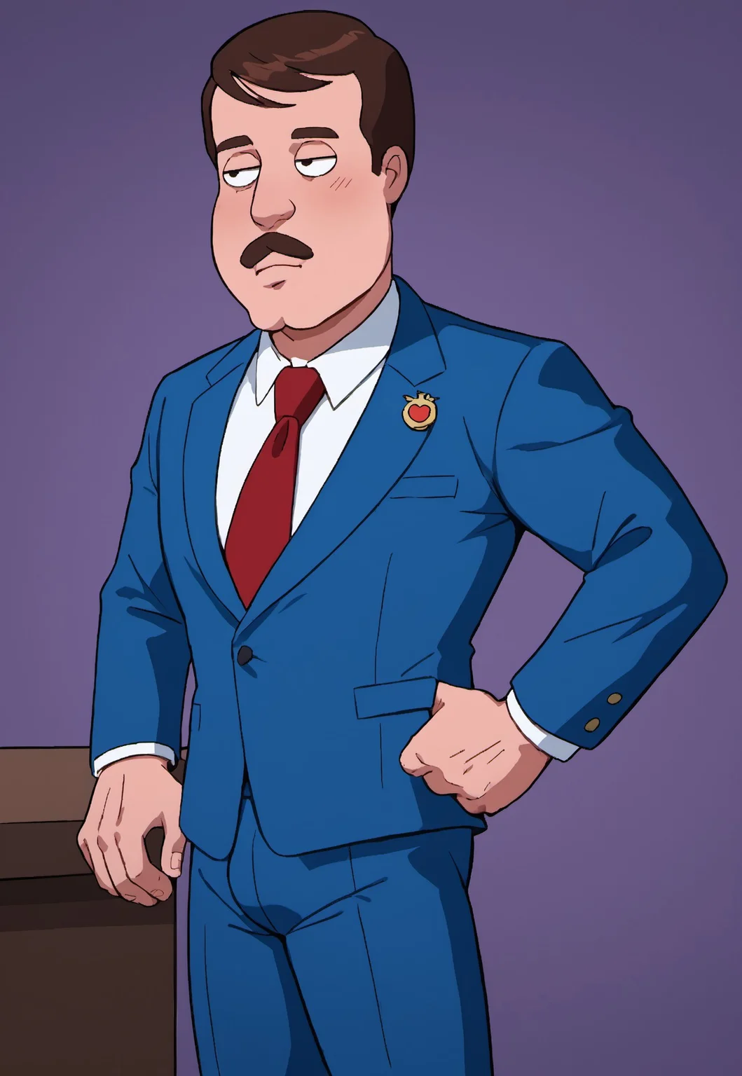 safe_pos, score_9, score_8_up, score_7_up, source_anime, rating_nsfw, ultra hd, absurdres, solo, masterpiece, best quality, best aesthetic, Expressiveh, wolfconf, burankoprn!,
Tom Tucker, Brunette hair, Moustache, middle aged, butt chin, Male, blue Suit, Red necktie, news broaadcast