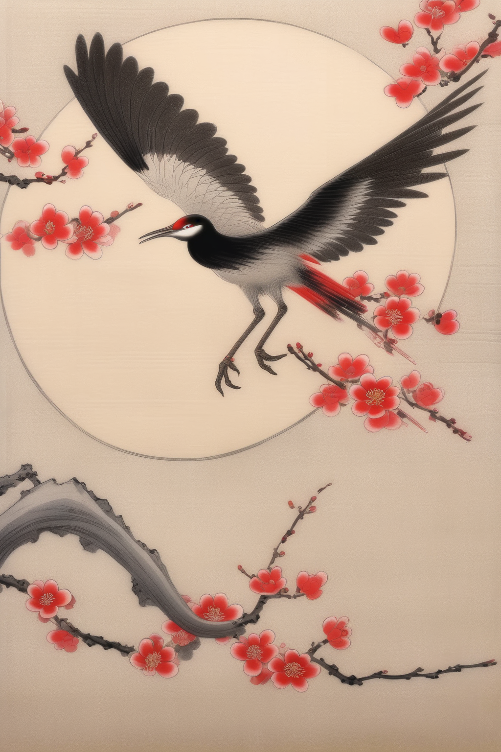 <lora:Ohara Koson Style:1>Ohara Koson Style - pencil drawing, two colour, black, red, flying crane bird wings become plum blossom