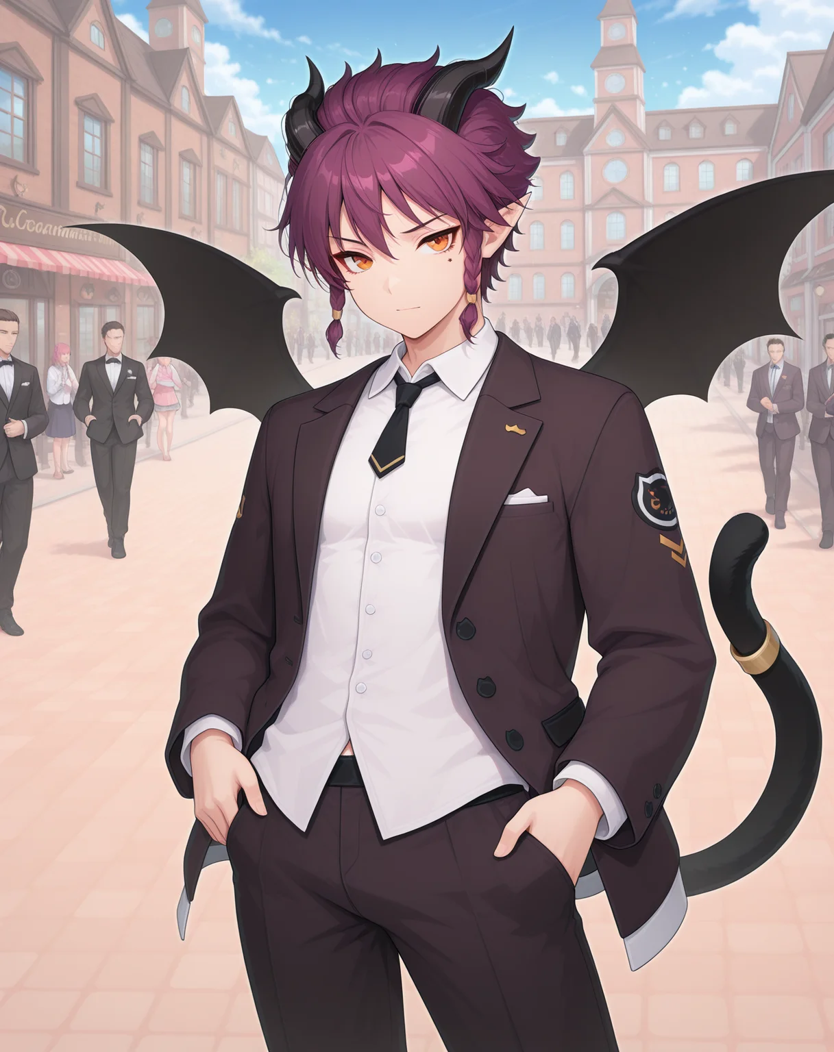 masterpiece,best quality,amazing quality, newest, very aesthetic, absurdres,
1boy, solo, yaoi, male focus, looking at viewer, cowboy shot, standing,
<lora:Veigas_Dream_Cat_ilxl:1> veigasdreamcat, demon tail, purple hair,pointy ears, demon horns, black wings, short hair, orange eyes, demon wings, bat wings, black horns, sidelocks, cat tail,
formal, tuxedo, neck ribbon, white shirt, collared shirt, black pants, shoes, black footwear, suit jacket, black jacket,
outdoors, day, blue sky, building, people,