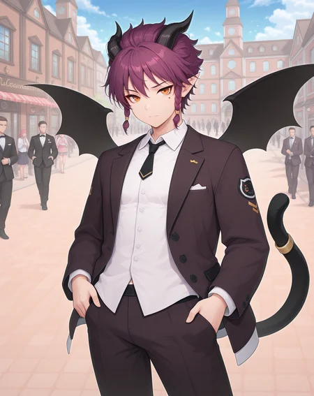 masterpiece,best quality,amazing quality, newest, very aesthetic, absurdres,
1boy, solo, yaoi, male focus, looking at viewer, cowboy shot, standing,
<lora:Veigas_Dream_Cat_ilxl:1> veigasdreamcat, demon tail, purple hair,pointy ears, demon horns, black wings, short hair, orange eyes, demon wings, bat wings, black horns, sidelocks, cat tail,
formal, tuxedo, neck ribbon, white shirt, collared shirt, black pants, shoes, black footwear, suit jacket, black jacket,
outdoors, day, blue sky, building, people,
