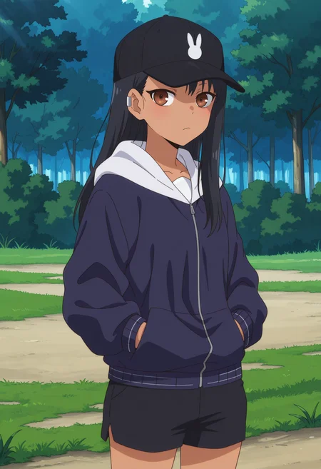 anime screencap, masterpiece, best quality,
<lora:IjiranaideNagatoro_Nagatoro_IlluXL:0.9>,
1girl, solo, frown,
dark skin, long hair, black hair, asymmetrical hair, brown eyes, earclip,
NagatoroCasual, baseball cap, hat print, rabbit print, black headwear, hooded jacket, dark blue jacket, zipper, black shorts,
hands in pockets, standing, looking at viewer, cowboy shot,
outdoors, forest, grass