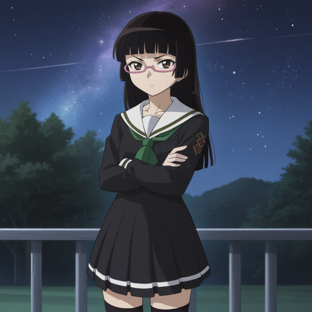 1girl, solo, Ch1ak1Kur1hara, long hair, blunt bangs, hime cut, black hair, brown eyes, glasses, semi-rimless eyewear, under-rim eyewear, pink-framed eyewear, school uniform, serafuku, skirt, black thighhighs, zettai ryouiki, standing, crossed arms, night, starry sky, outdoors, nebula, <lora:Chiaki - Mouretsu Pirates-000010:0.8>, score_9, score_8_up, score_7_up, source_anime