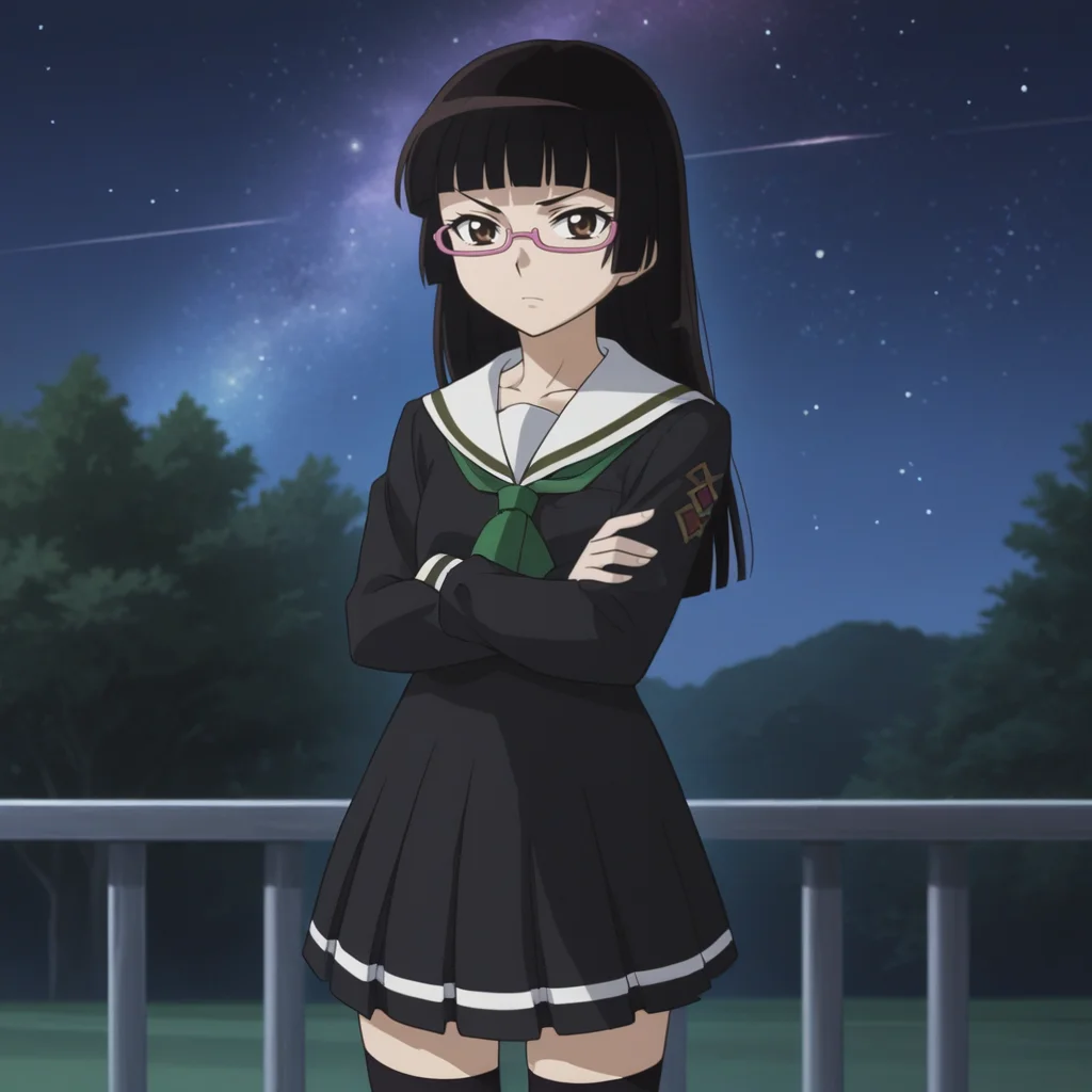 1girl, solo, Ch1ak1Kur1hara, long hair, blunt bangs, hime cut, black hair, brown eyes, glasses, semi-rimless eyewear, under-rim eyewear, pink-framed eyewear, school uniform, serafuku, skirt, black thighhighs, zettai ryouiki, standing, crossed arms, night, starry sky, outdoors, nebula, <lora:Chiaki - Mouretsu Pirates-000010:0.8>, score_9, score_8_up, score_7_up, source_anime