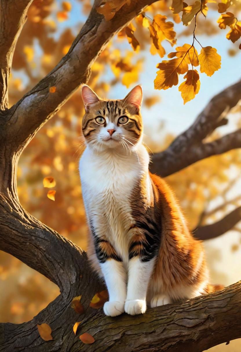 Cat poised gracefully atop an ancient oak tree, 
autumn leaves fluttering around, 
golden hour casting long shadows, 
backlit, 
sharp focus on feline, 
bokeh effect on background foliage, 
digital painting.