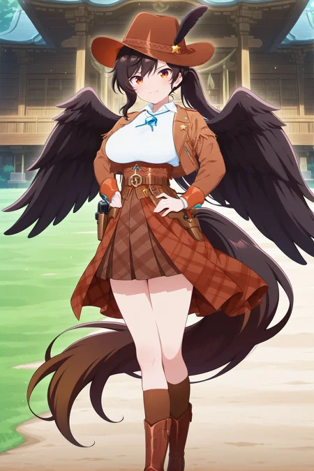 absurdres, highres, masterpiece, best quality, amazing quality, official anime artwork, screencap, anime screencap, outdoors, looking at viewer, light smile, dynamic pose, standing,
<lora:Saki-Kurokoma_Illustrious:1> kurokoma saki, 1girl, solo, orange eyes, black hair, long hair, ponytail, large breasts, black wings, pegasus wings, horse tail,, kurokoma saki \(famed horse's harmony\), alternate costume, brown headwear, hat feather, brown jacket, open jacket, long sleeves, white shirt, plaid skirt, brown skirt, belt, sheriff belt, brown socks, boots, blue necklace, holster, gun,