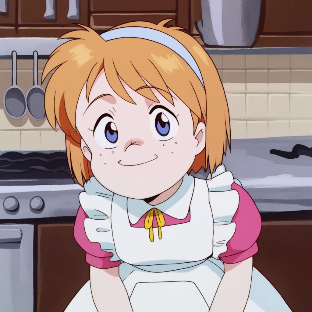 score_9, solo, marie_ec, blue eyes, freckles, short hait, hairband, dress, apron, kitchen, smiling