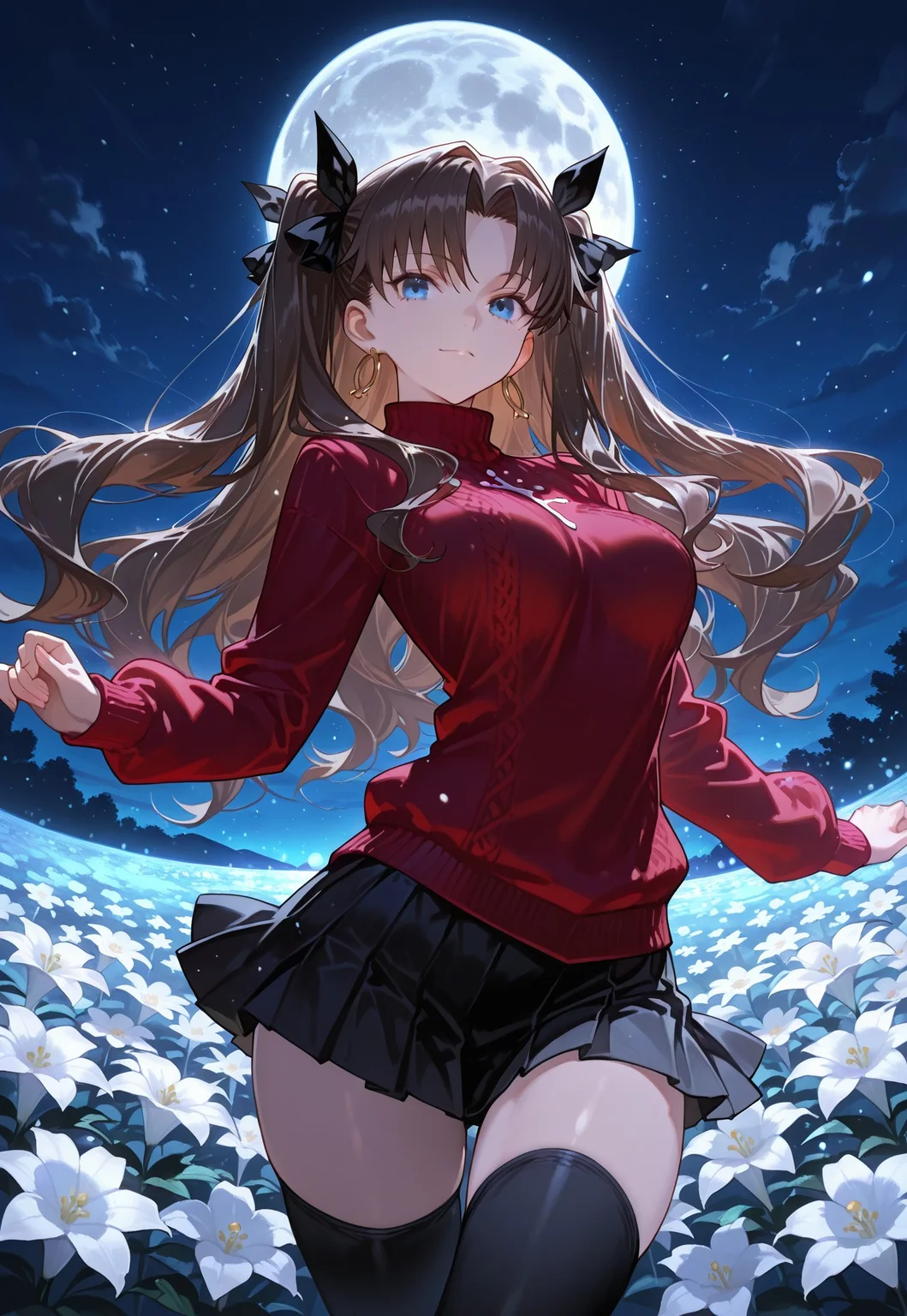(score_9, score_8_up, score_7_up), masterpiece, detailed, anime, very aesthetic, 1girl, raitastyle, beautiful, tohsaka rin, ishtar, fate, fate stay night, dancing, surrounded by white flowers, red sweater, brown hair, blue eyes, twin tails, black ribbons, black mini skirt, thigh highs, hair intakes, long sleeves, looking at viewer, vibrant contrast, light particles, night time, full moon