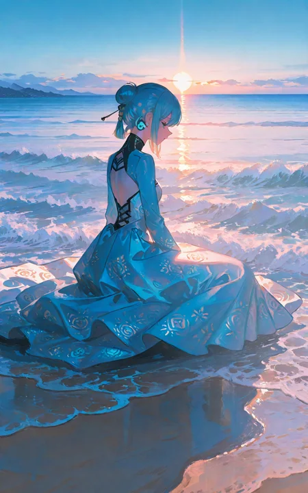 masterpiece, best quality, good quality, very aesthetic, absurdres, newest, extremely detailed, amazing quality, usnr, 748cmstyle, risen sun, sunrise light, picturesque beach, Koh Yao Noi island, between two giant palms, 1girl, hair bun, beautiful dress, long dress, patterned dress, sitting, patterned blanket, looking towards the ocean at a white yacht, surrounding boulders, rising out of the water, breathtaking view, paradise mood, oil painting, double exposure,  whimsical, psychedelic, post-apocalyptic, harmony, serenity, tranquility, mysterious glow, ambient occlusion, halation, cozy ambient lighting, dynamic lighting, strong muted highlighter, turquoise ocean, blue hue, mystical glowing, colorful, surreal, cyberpunk  <lora:748cmSDXL:0.7> <lora:ponyv6_noobV1_2_adamW-000017:0.4> <lora:USNR STYLE_XL_lokr:0.8>