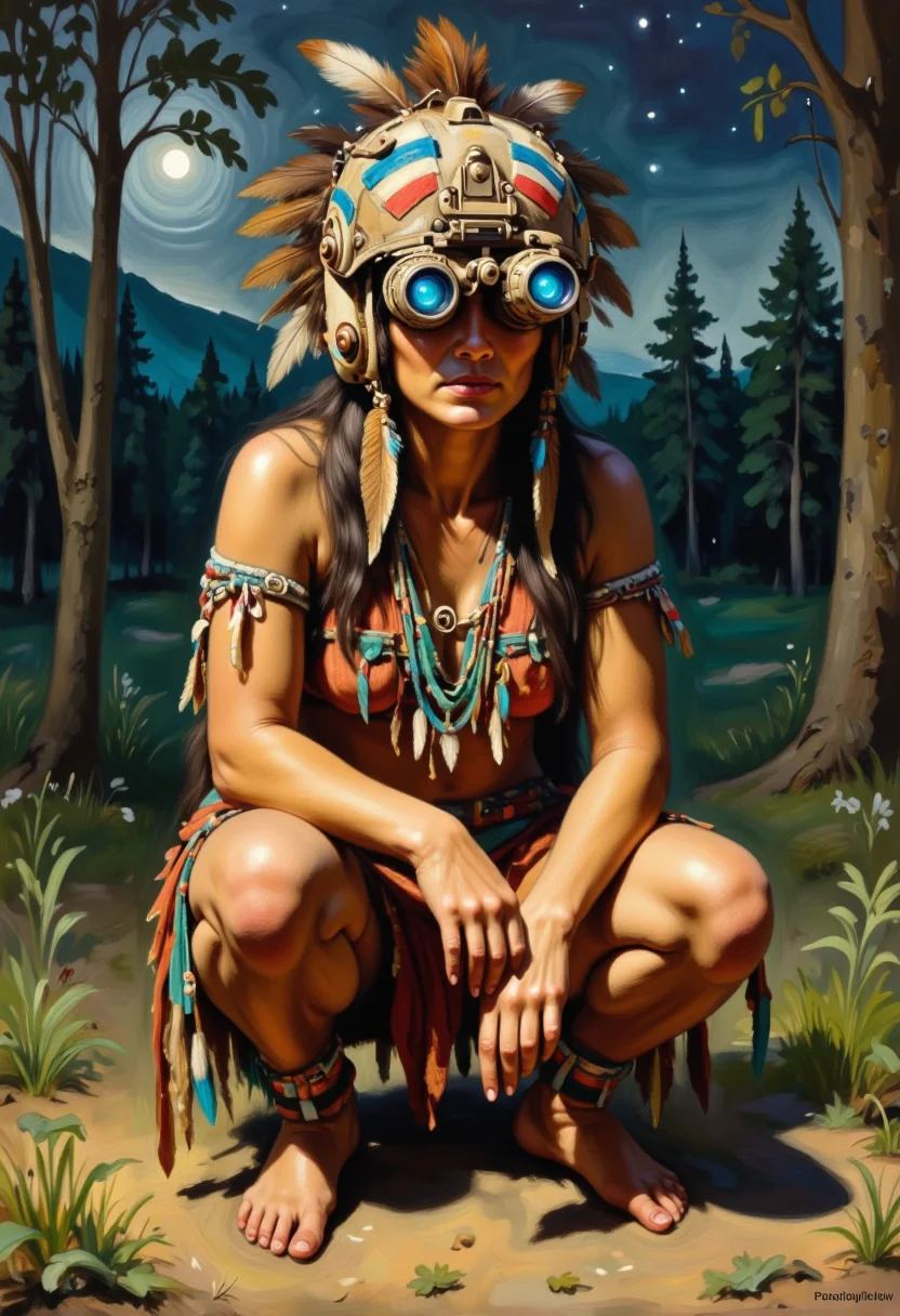 a detailed oil painting of a woman wearing a modern military helmet with night vision goggles. She is dressed in traditional Native American attire, complete with intricate beadwork and fringes and fabric made from hide. She wears an ornate colorful headdress adorned with feathers and what seems to be bone or tooth-like decorations. The night vision goggles are attached to her headdress and are cylindrical tubes with blue lenses at the end.her outfit matching the colors of her headdress, she is crouched, one hand touching the ground, as though tracking something, forest at night background,