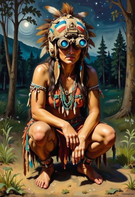 a detailed oil painting of a woman wearing a modern military helmet with night vision goggles. She is dressed in traditional Native American attire, complete with intricate beadwork and fringes and fabric made from hide. She wears an ornate colorful headdress adorned with feathers and what seems to be bone or tooth-like decorations. The night vision goggles are attached to her headdress and are cylindrical tubes with blue lenses at the end.her outfit matching the colors of her headdress, she is crouched, one hand touching the ground, as though tracking something, forest at night background,