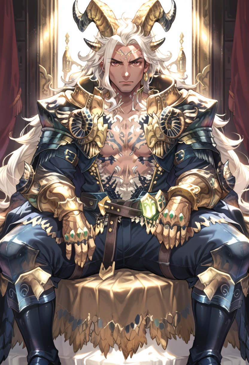 (score_9:0.9),score_8_up,score_7_up,rating_safe,anime style,(zPDXL),<lora:EX Kulve Taroth Alpha male ponyXL v1:0.8>,ex kulve taroth alpha armor,1boy,solo,gold horns,dark-skinned male,sitting,grey hair,very long hair,looking at viewer,closed mouth,male focus,large pectorals,muscular male,gold pauldrons,gold gauntlets,black knee boots,