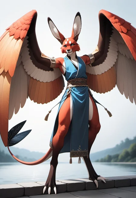 1person, Palagiri, anthro, feline features, feline nose, large ears, ((wings)), ((armless)), perfect wings,
Back view, perfect wings, ((prehensile toes, long toes)), ((feathers-tipped tail, fanned tail-tip, tapering-tip tail)),
digitigrade legs, pelvic curtain tunic,
Source: anime, score: 9, score: 8up,
