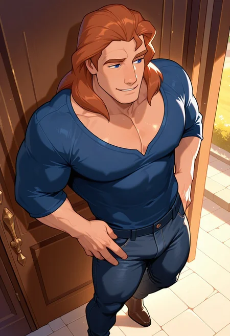 masterpiece,best quality,amazing quality,very aesthetic,absurdres,newest, huge filesize, Prince_Adam_BTB, 1man male focus, solo, auburn hair, blue eyes, lean and muscular, mature, long hair, strong, tall, manly, masculine, classy, soulful eyes,  artistic,  score_9, score_8_up, score_7_up, Masterpiece, Best Quality, beautiful eyes, detailed eyes, male focus, dynamic angle, male focus, solo, face focus, front view, gentle smile, standing, ((male)), ((mature)), ((adult)), handsome, sexy, ((slender)), ((pecs)), ((bara)), ((twunk)), Prince_Adam_BTB, 1man, auburn hair, blue eyes, Golden Hour Shot, dark denim jeans,  subtle smile, looking away, henley shirt, Leaning slightly against a wall, one foot up