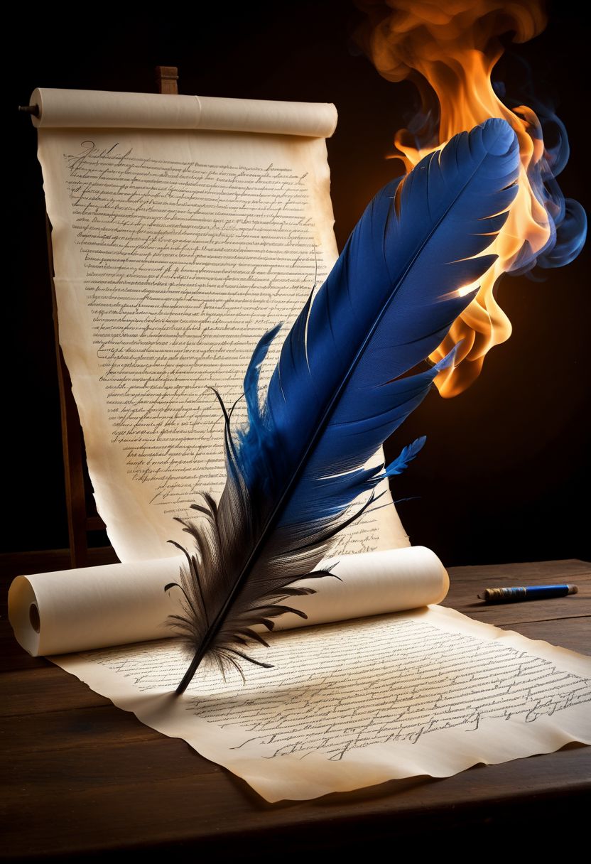 mysterious phoenix feather gliding through the air, feather dissolving into smoke, single drop of deep blue ink dropping from the tip of the feather into a half full ink pot while an old piece of aged paper scroll with beautiful writing and burning edges is hovering in the middle of it all, lightrays backlighting glorious feather, burning paper scroll dissoliving into smoke, lightrays backlighting smoke, fading blue red background, by Minjae Lee, Carne Griffiths, Emily Kell, Steve McCurry, Geoffroy Thoorens, Aaron Horkey, Jordan Grimmer, Greg Rutkowski, amazing depth, double exposure, surreal, geometric patterns, intricately detailed, bokeh,  perfect balanced, deep fine borders, artistic photorealism , smooth,  great masterwork by Suiras  <lora:add-detail-xl:2>  <lora:Double_Exposure:0.5>
