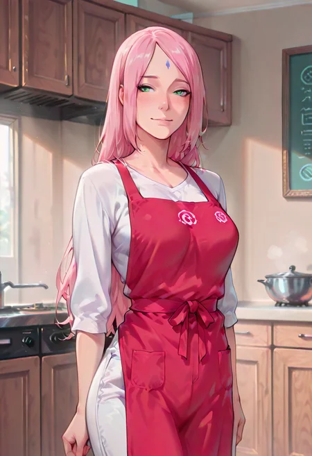 (score_9, score_8_up, score_7_up), 1girl,mature girl,25yo,sakuraharuno, very long hair, mild, pink hair, green eyes, blue forehead mark,medium breasts,natural breasts, wearing red apron, spiral symbol on apron, uzumaki symbol,white pants, blushing softly with a shy yet alluring expression, standing indoors with a cozy yet elegant room as the background, warm and soft lighting, highly detailed and polished, perfect light,anime-style, ultra-detailed, vibrant colors, high-quality shading, semi-realistic lighting,solo, european style, Expressiveh,easynegative