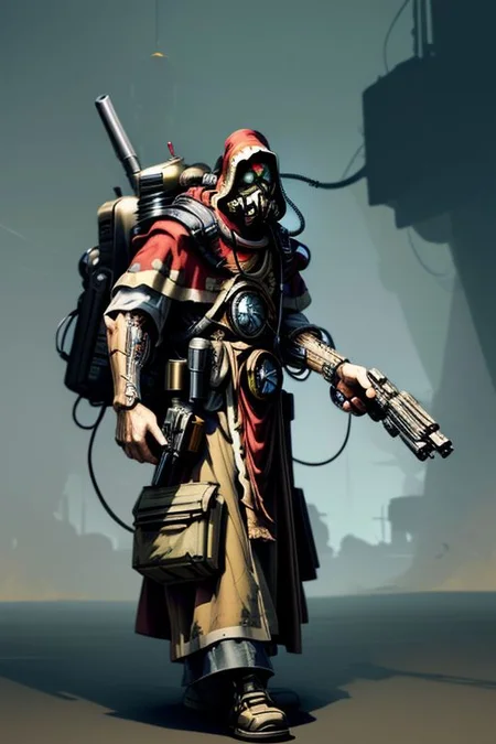 ((masterpiece,best quality)), absurdres, BREAK
mechanical arms, robes, hood, BREAK
((techpriest)), cyborg, mechanical face, mechanical limbs, gas mask, mechanical tentacles, (mechanical backpack), BREAK
1other, solo, holding pistol, firearm, handgun, pistol, gun, BREAK
factory background, smoggy sky, air pollution, smokestacks, BREAK
(comic character)