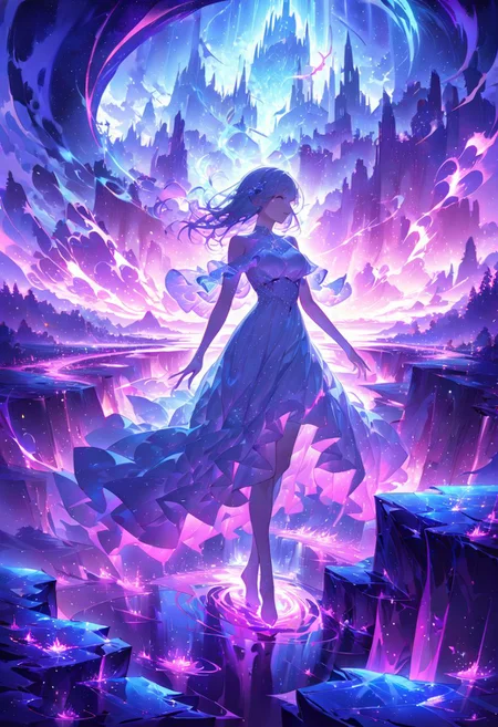 serene night, beautiful sky, dancing silhouette, Complex landscape, best quality, pastel colors, light blue tint, aesthetic Ethereal, Effulgent, Idyllic atmosphere, Tranquil, ethereal quality, cinematic volume, Twinkling lighting, glowing aura, global illumination, glowneon, Anisotropic Filtering, Unrivaled Opus, Unconventional, hyper detailed, HDR,