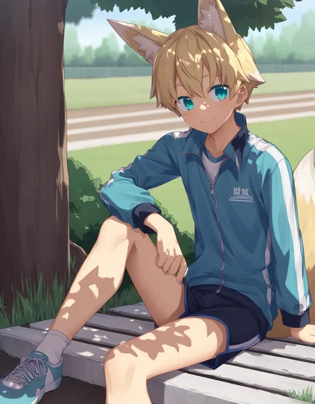 score_9, score_8_up, score_7_up, score_6_up, source_anime, outdoors, shade, tree, 1boy, solo, blonde hair, aqua eyes, fox tail, fox ears, fox boy, smile, blue t-shirt, white track jacket, shorts <lora:rukiruki_AMXL_v1e-ShoAI:1>