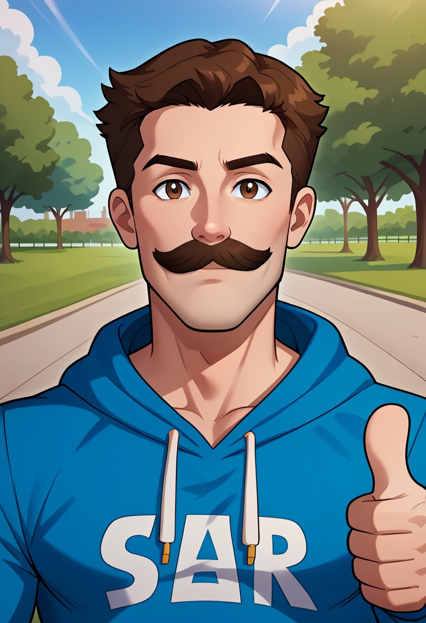 park neighborhood, park background, day, day time, 2d, 1male, masterpiece, best quality, extreme detail, brown hair, pale-skinned male, mustache, blue hoodie, thumbs up, brown eyes,
close up, upper body, blank expression, looking at viewer
