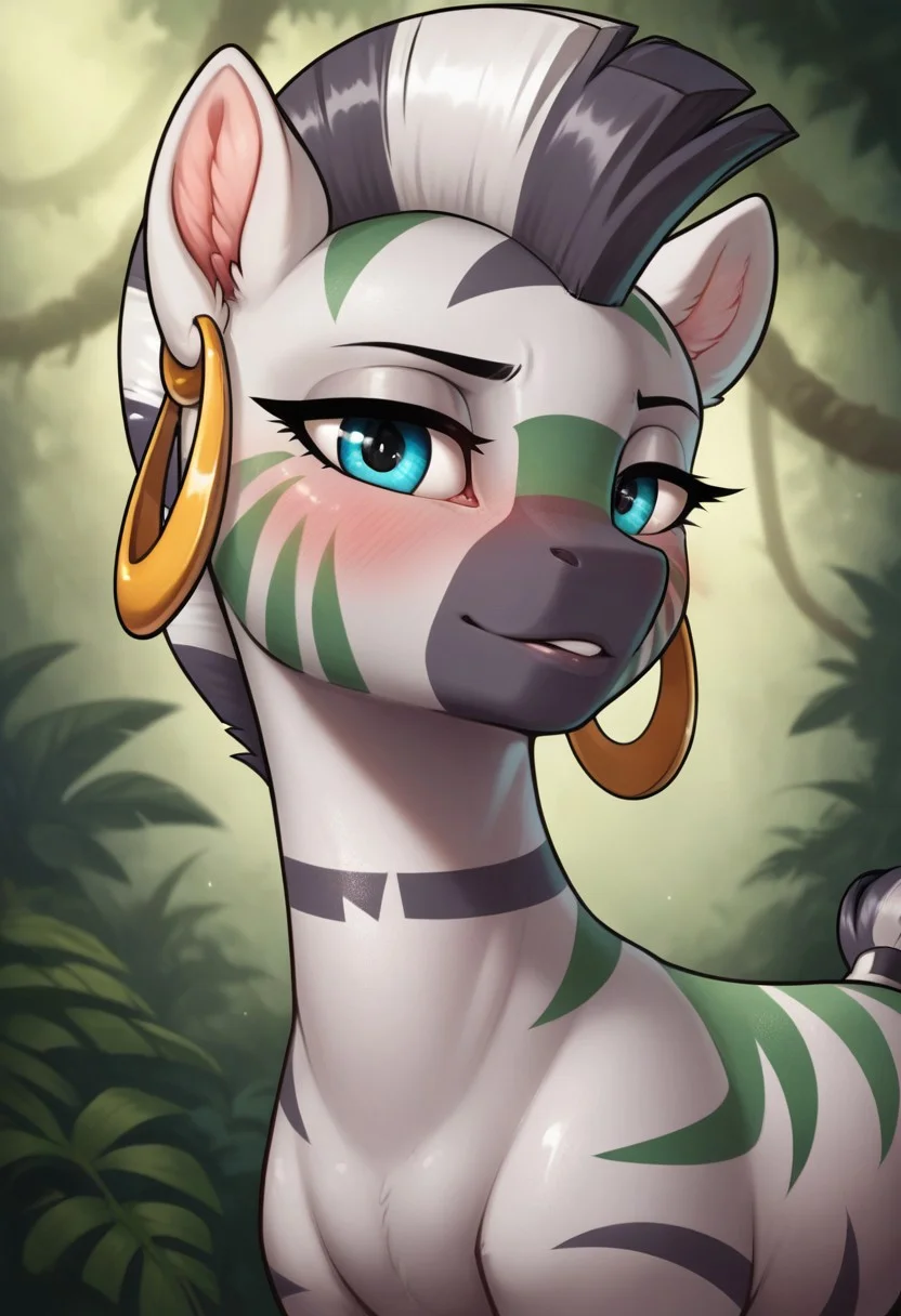 score_9, score_8_up, score_7_up, score_6_up, realistic illustration, dramatic angle, jungle, outdoors, close view, 1girl, solo, zecora, feral, pony, tail, shiny skin, standing, dramatic angle, dynamic pose, earrings, facepaint, (green stripes facepaint:1.2), green camouflage stripes on body, looking at you, seducing, seduce, inviting look, blushing