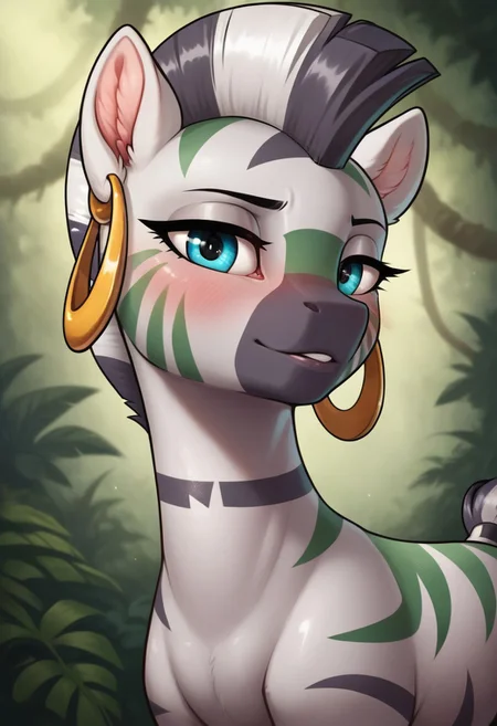 score_9, score_8_up, score_7_up, score_6_up, realistic illustration, dramatic angle, jungle, outdoors, close view, 1girl, solo, zecora, feral, pony, tail, shiny skin, standing, dramatic angle, dynamic pose, earrings, facepaint, (green stripes facepaint:1.2), green camouflage stripes on body, looking at you, seducing, seduce, inviting look, blushing