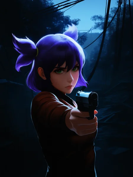masterpiece, best quality, absurdres, highres, very awa, 
<lora:un-30:1> unlblch, 1girl, solo, purple hair, two sides up, short hair, green eyes,  handgun, holding, aiming, looking at viewer, serious expression, medium breasts, fit, dusk, outdoor, detailed, realistic style, dim lighting, detailed background, soft shading, smooth textures, abandoned atmosphere, semi-realistic, industrial ruins, walkroad, power lines, greenery, trees, nature, scenery, scenic, distant industrial constructions, industrial area,