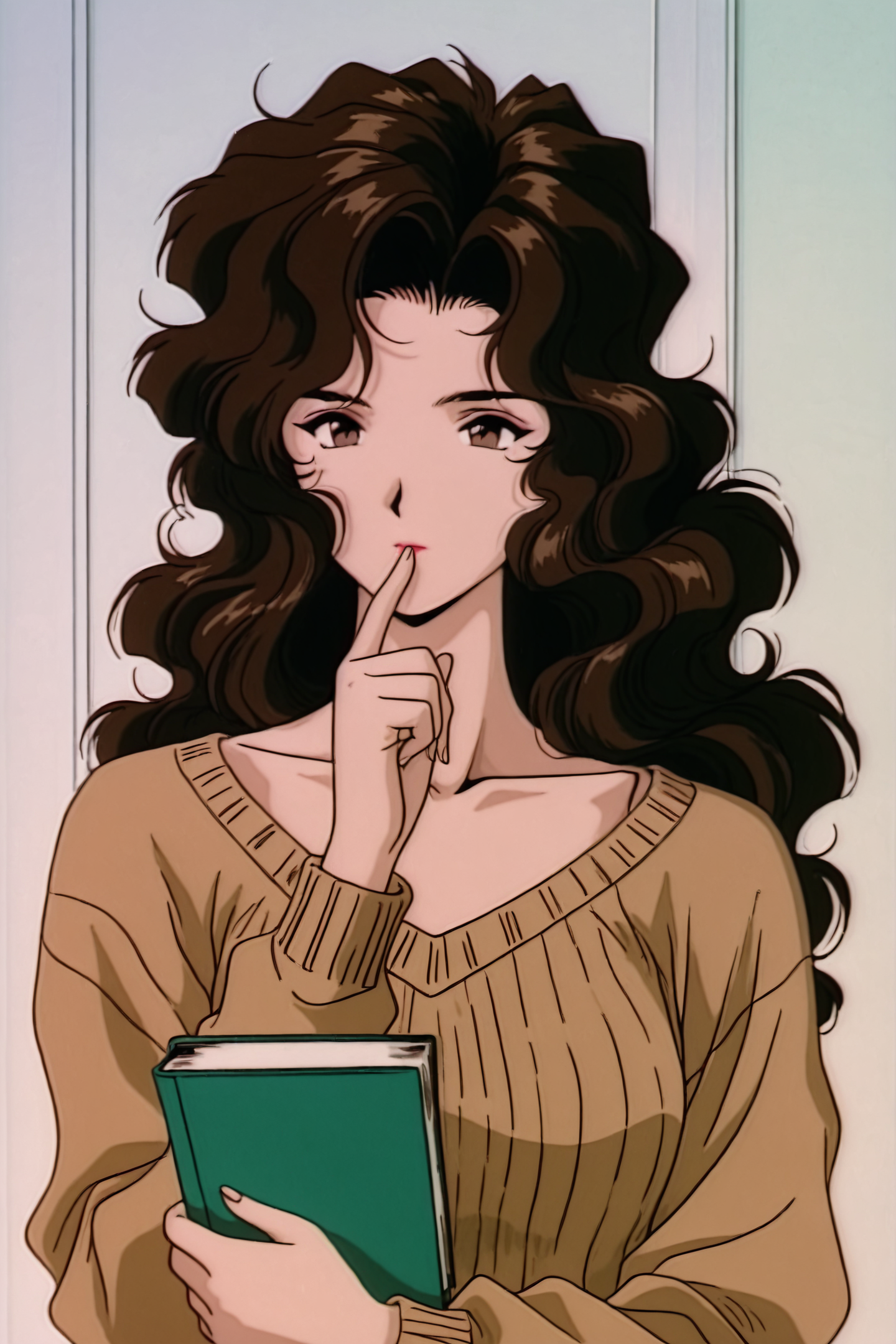 1girl,solo,long hair,jewelry,black hair,retro artstyle,brown eyes,upper body,1990s \(style\),wavy hair,collarbone,brown sweater,holding book,finger to mouth,
<lora:Golden Boy_illustriousXL:1>,