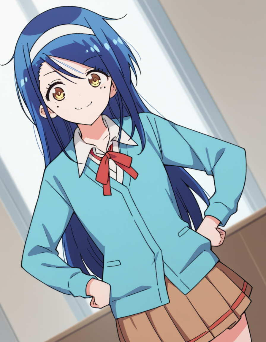 score_9, score_8_up, score_7_up, source_anime, <lora:fumino-furuhashi-s2-ponyxl-lora-nochekaiser:1>, fumino furuhashi, long hair, brown eyes, blue hair, yellow eyes, hairband, mole, mole under eye, white hairband,, skirt, shirt, long sleeves, school uniform, pleated skirt, kneehighs, neck ribbon, brown skirt, cardigan, blue cardigan, collared shirt,, indoors, smug, smile, looking at viewer, solo, hands on hips,, cowboy shot, dutch angle