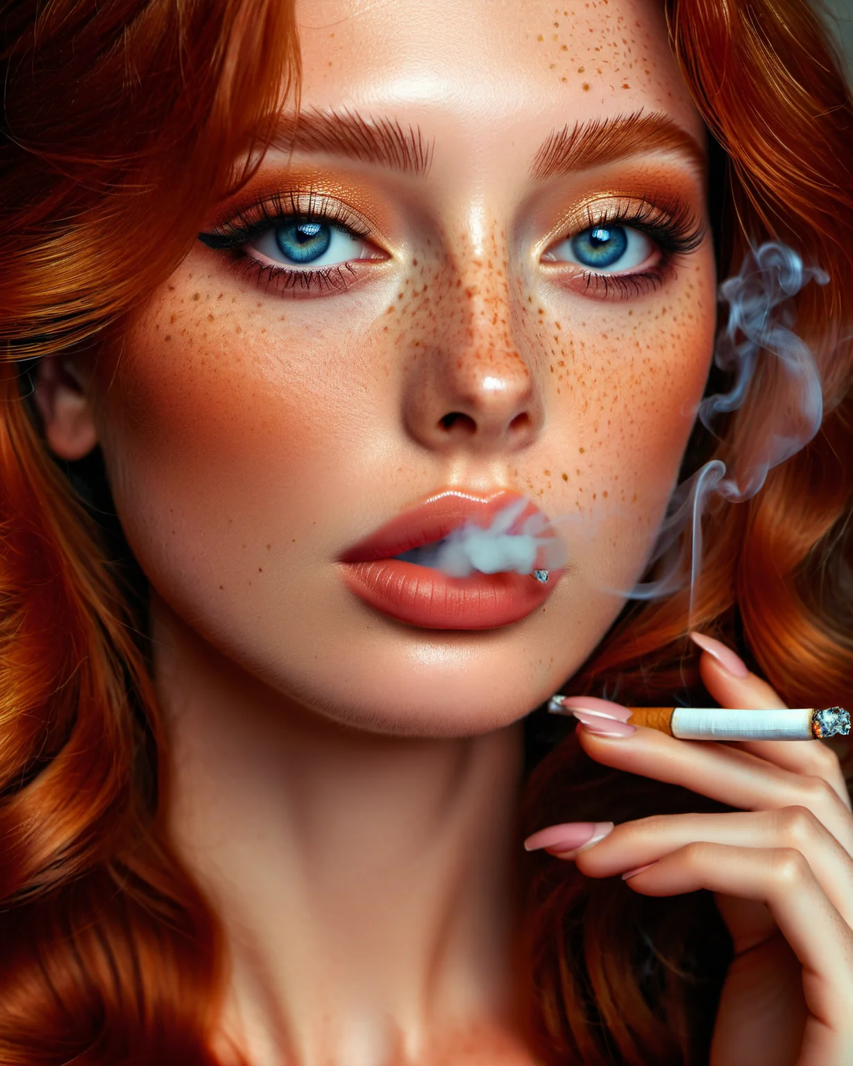1girl, alluring, makeup, realistic,, ginger hair,  blue eyes, freckles,
<lora:Smoking_Babes_XL_V2:0.6> 
cigarette in mouth, (detailed face),
close up