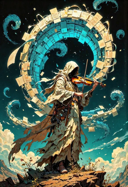 (in Otomo Katsuhiro style:1.2), masterpiece, high-quality, A lone musician cloaked in tattered robes woven from sheets of ancient sheet music, each note glowing faintly as if alive, She plays an unusual stringed instrument releasing ribbons of colored light that spiral around her forming abstract shapes in midair, The scene is set against a backdrop of surreal floating islands drifting through a twilight sky, light symphony, musical magic, floating islands, Stylized anime with surrealism and dreamlike hues, (elaborate fine details:1.1), (hyperdetailed:1.1), (intricate details:1.0), (Refined details:1.1), (best quality:1.1), (high resolution:1.2), <lora:FLUX\Anime v1.3:0.6> <lora:FLUX\VividlyReal:0.6> <lora:FLUX\FLUX-daubrez-DB4RZ:0.4>