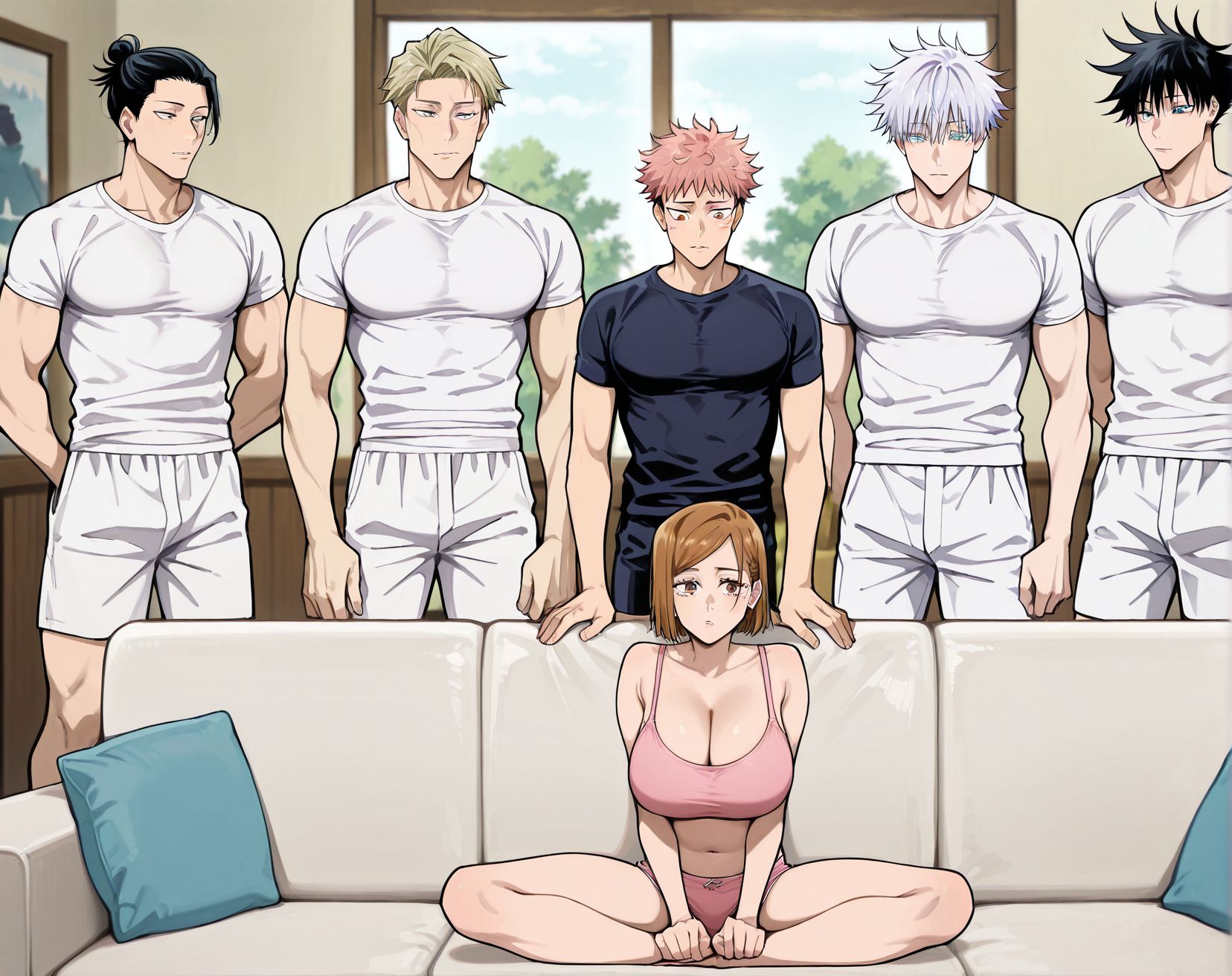 masterpiece, best quality, newest, absurdres, highres, detailed eyes, beautiful, detailed background, perfect eyes, anime coloring, anime screencap,
<lora:Piper_Perri_surrounded:0.8>Piper_Perri_surrounded,
surrounded by five men,   wide shot,
1girl,5boys,
shirt,shorts,full body,  underwear only,  standing male, 
(a girl sitting cross-legged on the couch,
both legs folded and crossed in front of her body), female sitting on couch, 
Piper Perri surrounded,
BREAK
gojou satoru,black hair, 
fushiguro megumi, 
itadori yuuji,pink hair, 
 nanami kento, 
 getou suguru, 
BREAK
kugisaki nobara,
huge breasts, 
jujutsu kaisen,