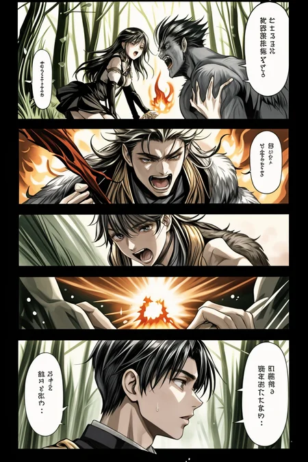1boy and 1girl, fantasy, attacking monsters, fire, magic, forest
<lora:MangaGen1:2> <lora:mangaC:1> manga,frame,speech bubble,color
<lora:LCM_LoRA_Weights_SD15:1>
