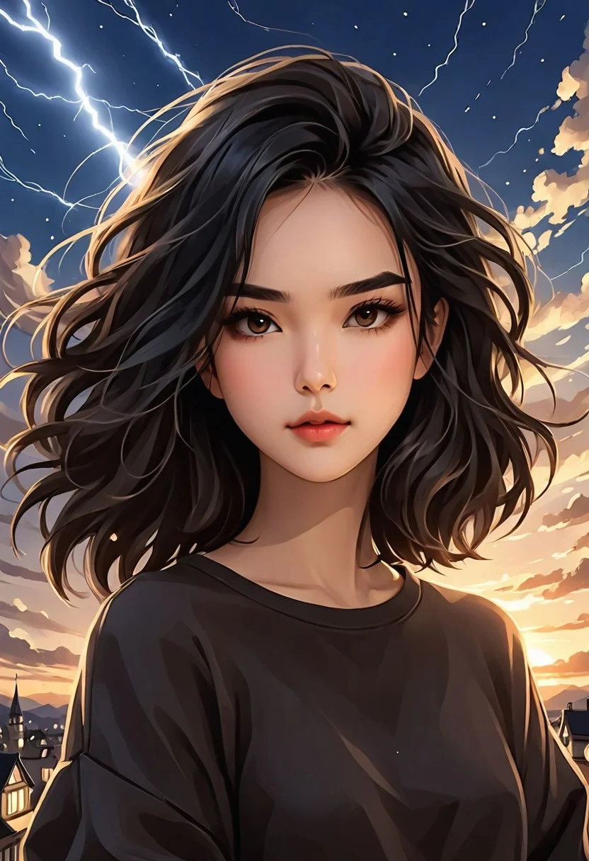 Score_9, score_8_up, score_7_up, score_6_up, (absurdres, best quality, (masterpiece:1.4), very detailed clothings), intricate detail, realism,
((the-same-person-only-from-now-on, set-up-on-the-following-description, always-the-same-look)), 1girl, black hair, long messy hair, light toned skin, brown sweater, selfie, view from above, upper body view, artistic background, stylized, dramatic lightning,